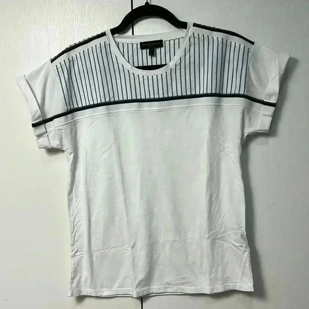 Donna Karan cotton modal short sleeve T shirt with chambray nautical print small